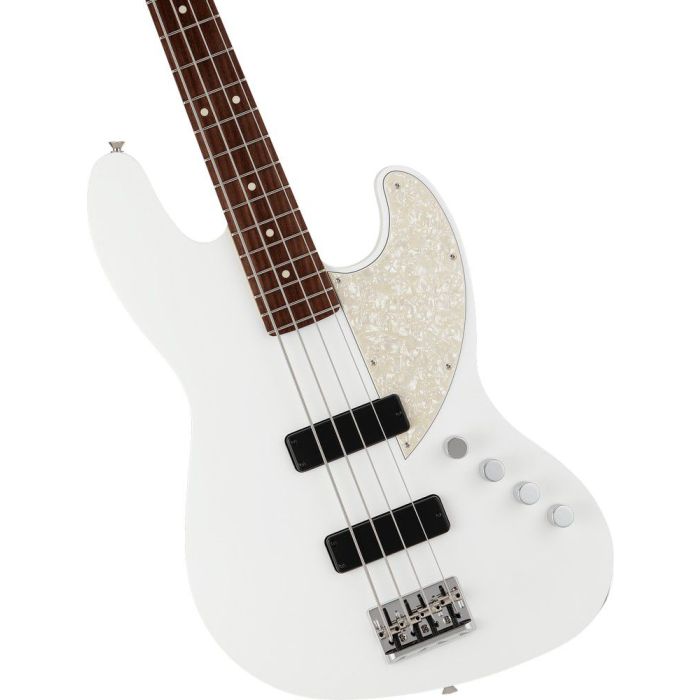 Fender Ltd Ed Made In Japan Elemental Jazz Bass HH RW Nimbus White, body closeup
