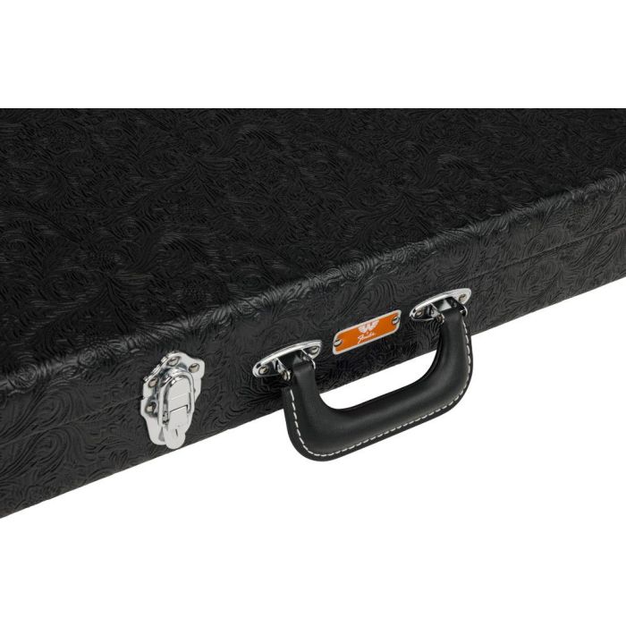 Fender Waylon Jennings Strat/Tele Case Black Tooled Leather latch closeup
