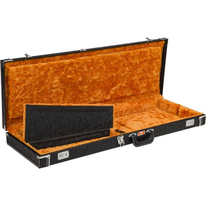 Fender Waylon Jennings Strat/Tele Case Black Tooled Leather internal compartment opened