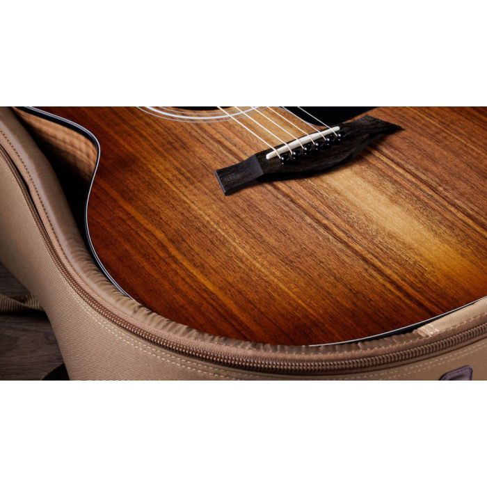 Taylor 124ce Special Edition Walnut Electro Acoustic Shaded Edgeburst closeup in case