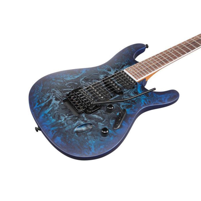 Ibanez S770 czm Cosmic Blue Frozen Matte Electric Guitar, body closeup front