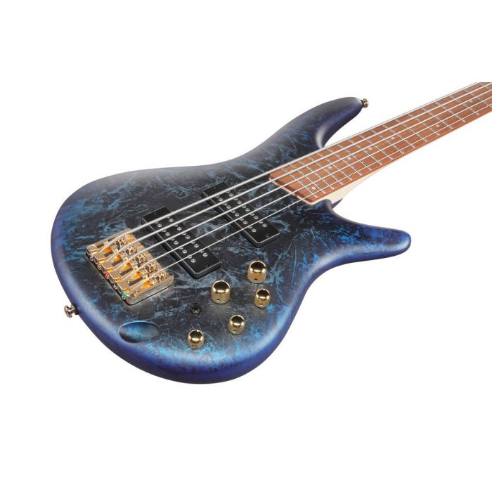 Ibanez Sr305edx czm Cosmic Blue Frozen Matte 5 String Bass Guitar, body closeup front