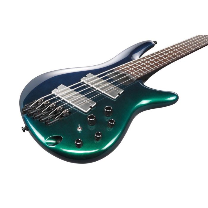 Ibanez Srms725 bcm Blue Chameleon 5 String Bass Guitar, body closeup front
