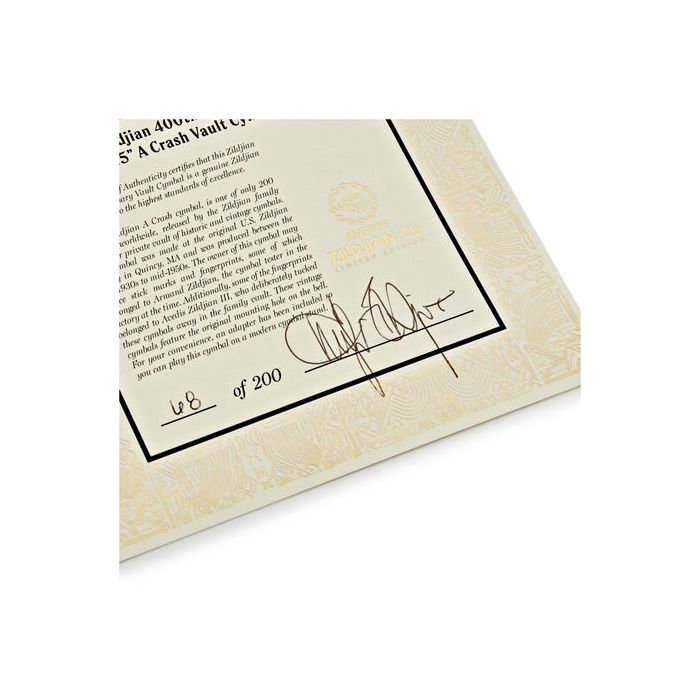 Zildjian 15 Inch A Crash Vault Cymbal - 400th Anniversary certificate signature