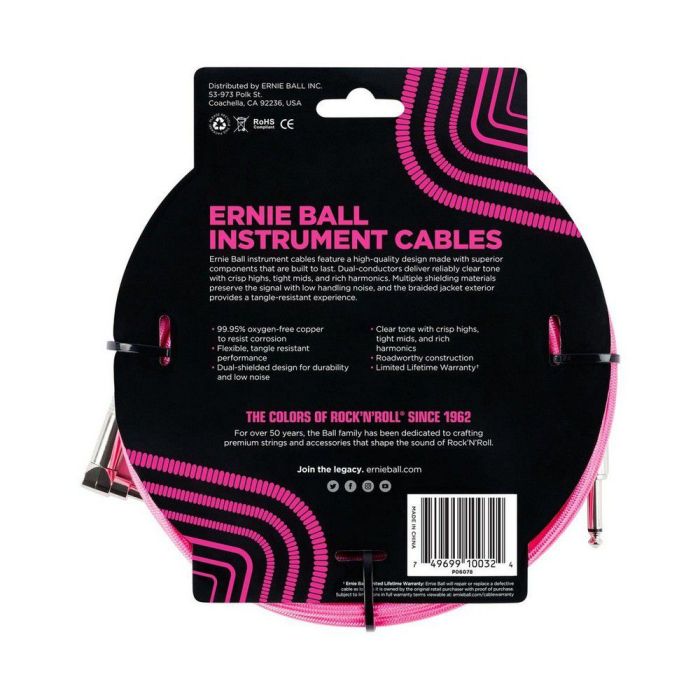 Ernie Ball 10' Braided Straight/Angle Cable - Pink rear view