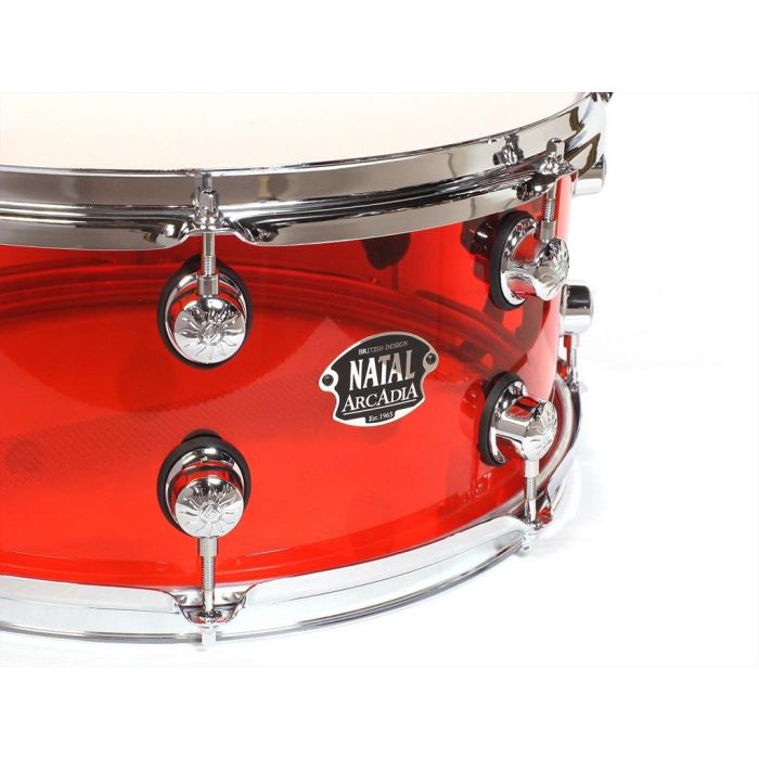 Natal Arcadia Acrylic Red 14" x 6.5" Snare Drum Badge Close Up