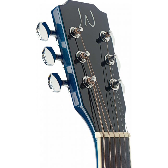 JN Guitars Bessie Electro-Acoustic Guitar Transparent Blue Burst Headstock