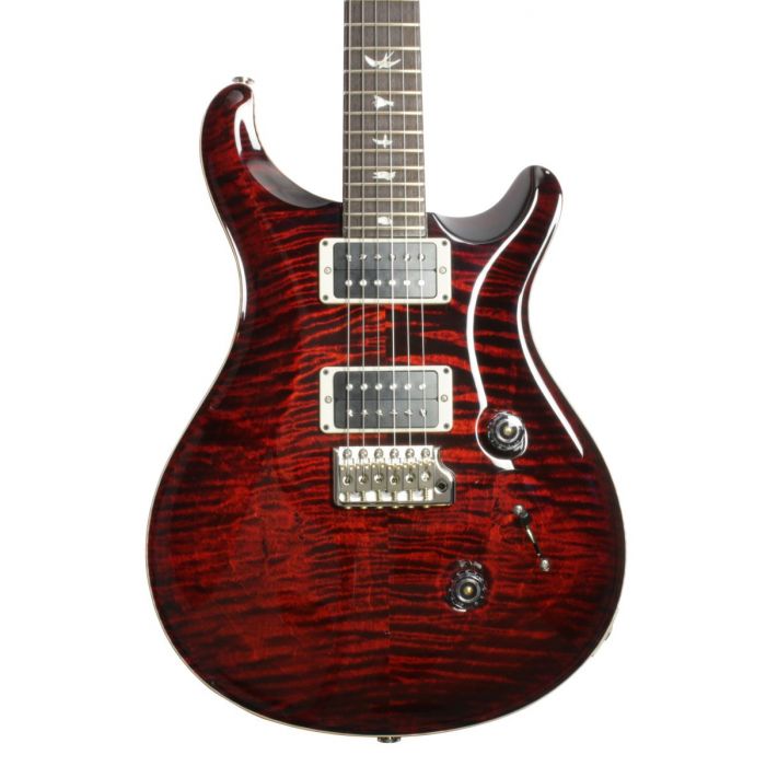 Closeup front view of the body on a PRS Custom 24 Flame Maple Guitar, Fire Red