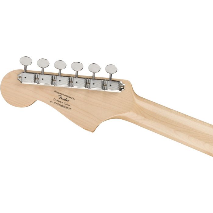 Detailed view of the tuning machines on a Squier Paranormal Toronado Guitar, Black
