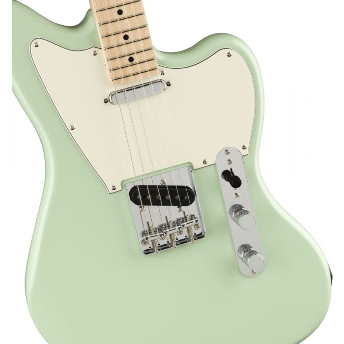 Closeup of the body on a Squier Paranormal Offset Telecaster Guitar MN, Surf Green