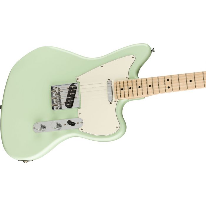 Angled view of the body on a Squier Paranormal Offset Telecaster Guitar MN, Surf Green