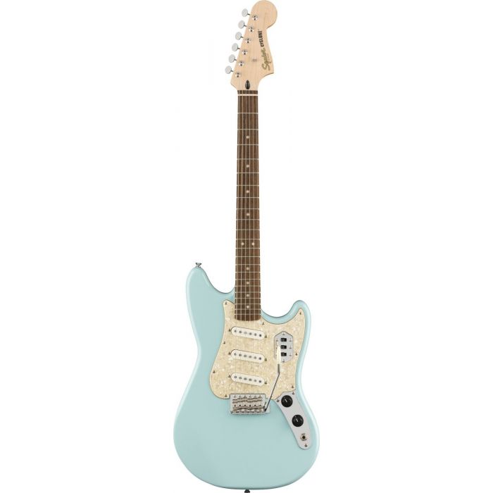 Full frontal view of a Squier Paranormal Cyclone Guitar, Daphne Blue