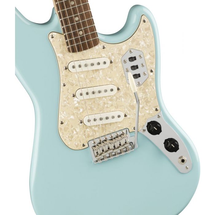 Closeup of the body on a Squier Paranormal Cyclone Guitar, Daphne Blue