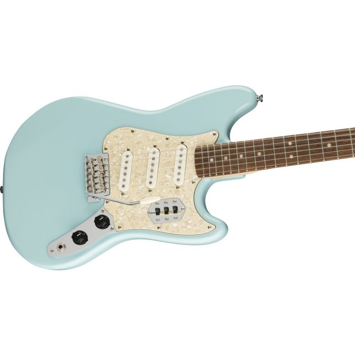 Front angled view of a Squier Paranormal Cyclone Guitar, Daphne Blue