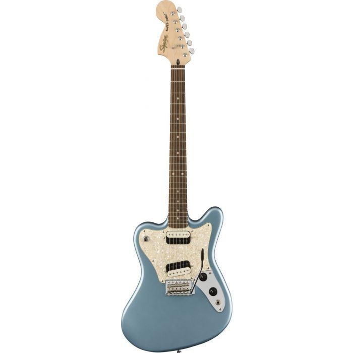 Full frontal view of a Squier Paranormal Super-Sonic Guitar, Ice Blue Metallic