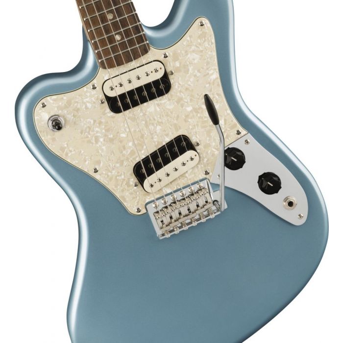 Closeup of the body on a Squier Paranormal Super-Sonic Guitar, Ice Blue Metallic