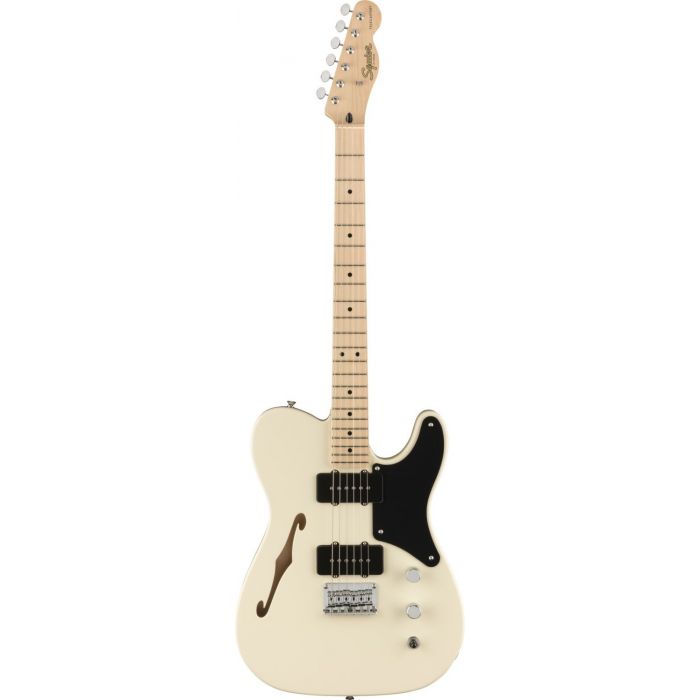 Full frontal view of a Squier Paranormal Carbronita Telecaster Thinline, Olympic White