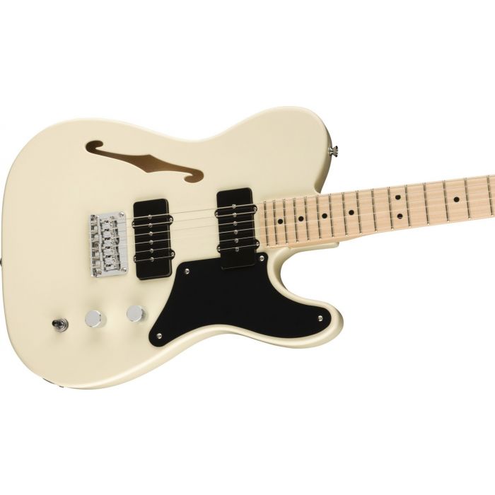 Front angled view of a Squier Paranormal Carbronita Telecaster Thinline, Olympic White