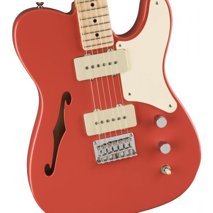 Closeup of the body on a Squier Paranormal Cabronita Telecaster Thinline, Fiesta Red