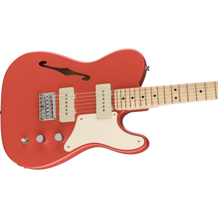 Front angled view of a Squier Paranormal Cabronita Telecaster Thinline, Fiesta Red