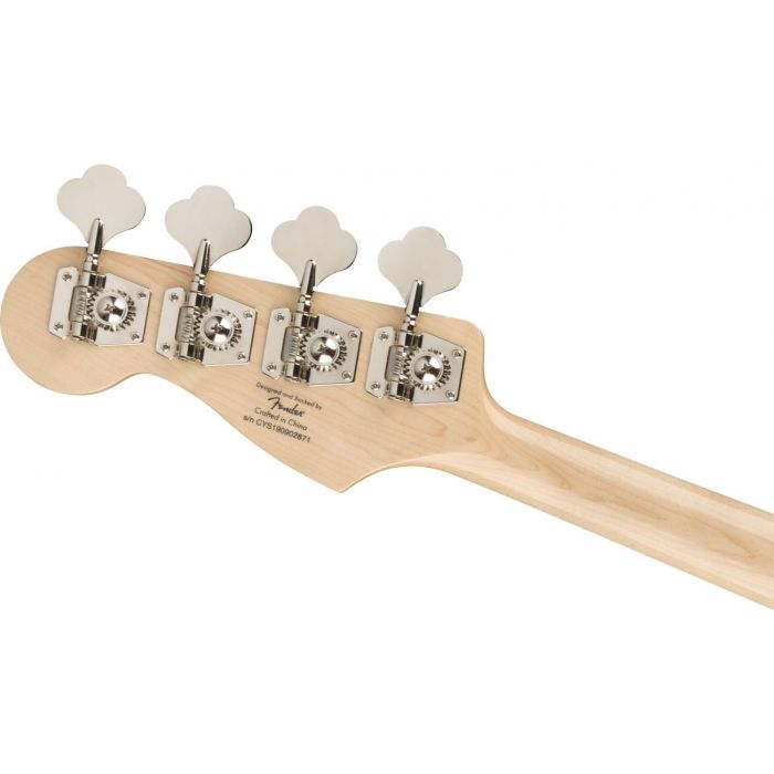 Rear view of the headstock on a Squier Paranormal Jazz Bass 54 MN, White Blonde