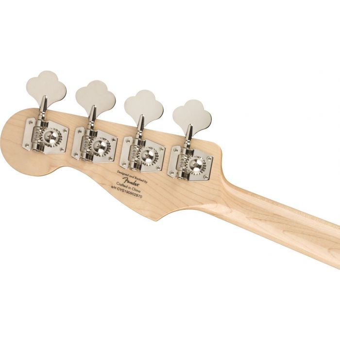 Closeup of the tuning machines on a Squier Paranormal Jazz Bass 54 MN, Butterscotch Blonde