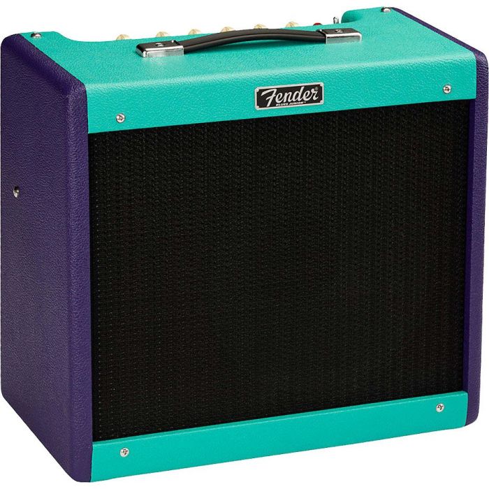 Front right angled view of a Fender Blues Junior Foam Purple Black Cannabis