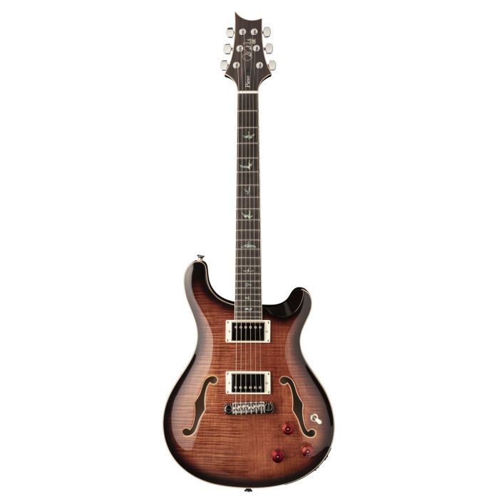 Full frontal view of a PRS SE Hollowbody II Piezo Guitar, Black Gold Burst