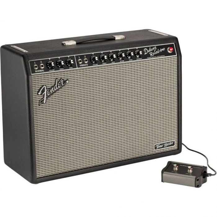 Front angled view of a Fender Tonemaster Deluxe Reverb Combo Amplifier with footswitch