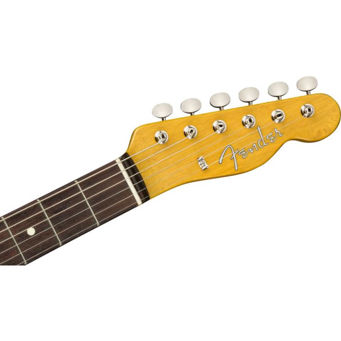 Front view of the headstock on a Fender Limited Edition Offset Telecaster Korina Guitar, Aged Natural