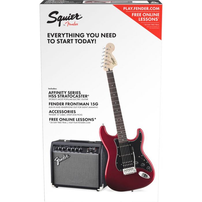 Squier Affinity Stratocaster HSS Electric Guitar Starter Pack Candy Apple Red