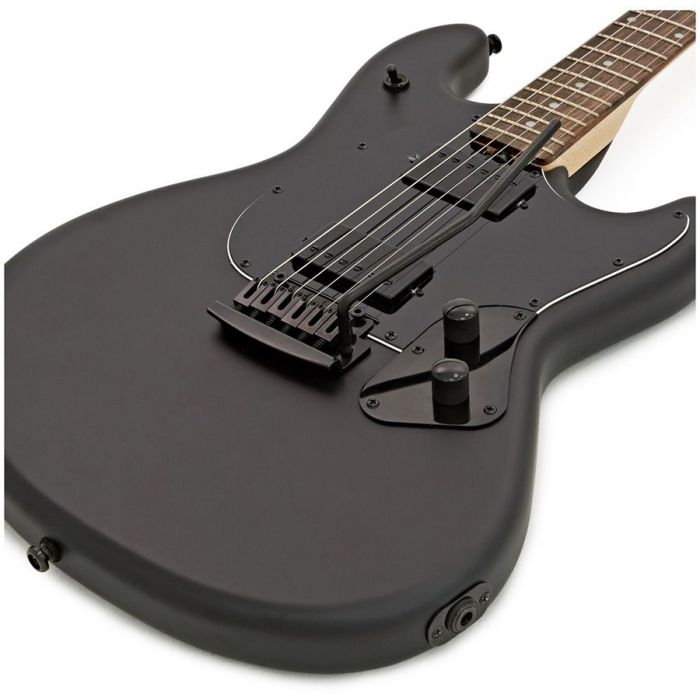 Closeup of the body on a Musicman Sterling SUB Stringray SR30 Guitar, Stealth Black