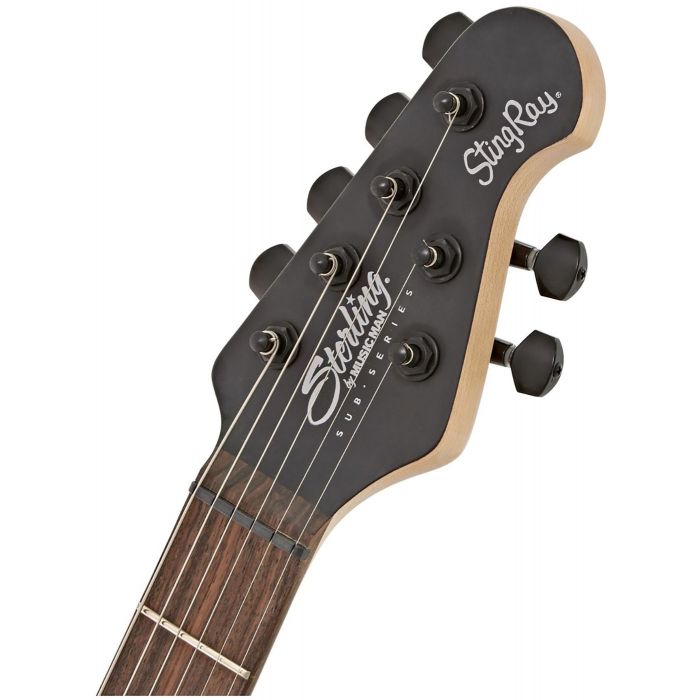 Closeup of the headstock on a Musicman Sterling SUB Stringray SR30 Guitar, Stealth Black