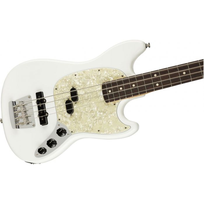 Fender American Performer Mustang Bass RW FB Arctic White front angle