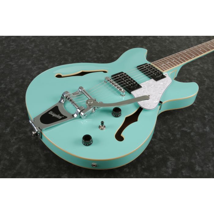 Ibanez AS63T Artcore Vibrante Sea Foam Green front angle semi hollow guitar