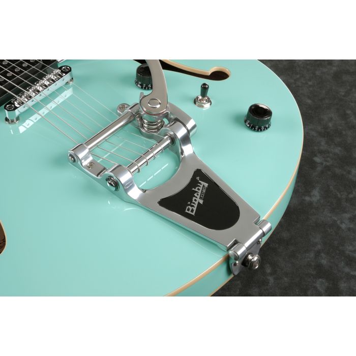 Ibanez AS63T Artcore Vibrante Sea Foam Green front closeup semi hollow guitar