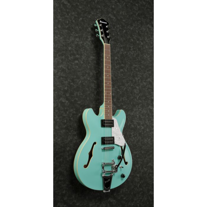 Ibanez AS63T Artcore Vibrante Sea Foam Green front tilt semi hollow guitar