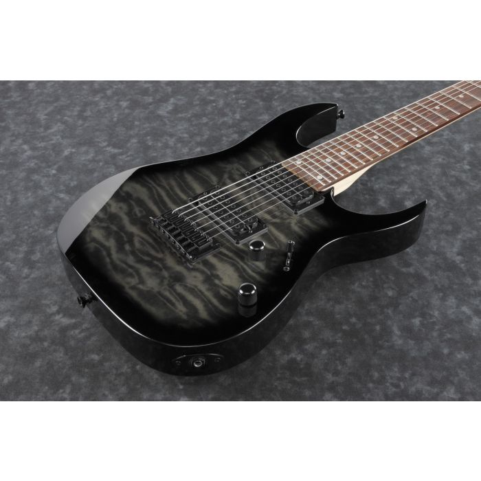 Ibanez GRG7221QA 7-String Guitar Transparent Black Sunburst front angle