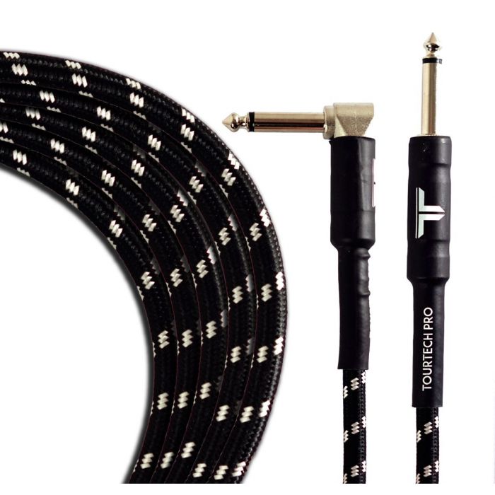 Coiled view of a TOURTECH Pro Straight to Angled Braided Black and Grey 20ft Guitar Cable