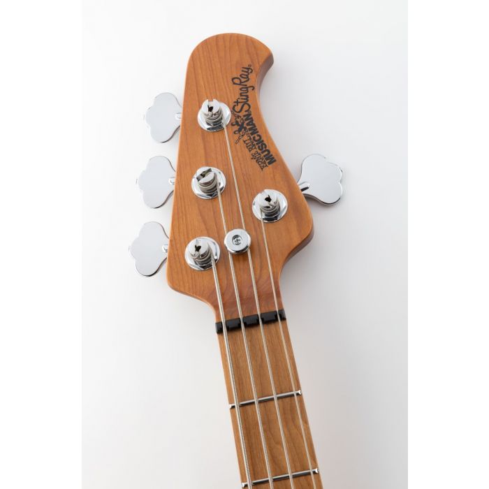 Closeup of the Roasted Maple Fretboard and Headstock on a Music Man StingRay Special Bass