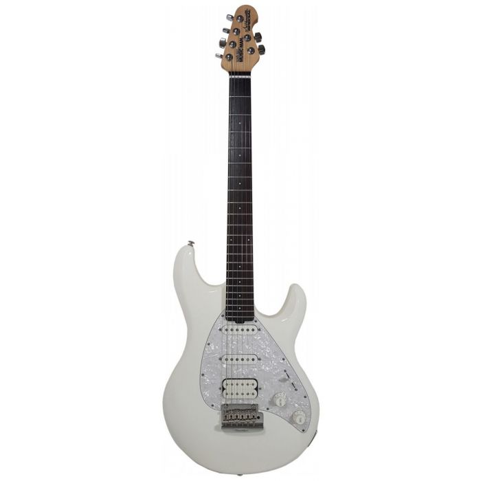 Front view of a Music Man Silhouette Special guitar with a white finish