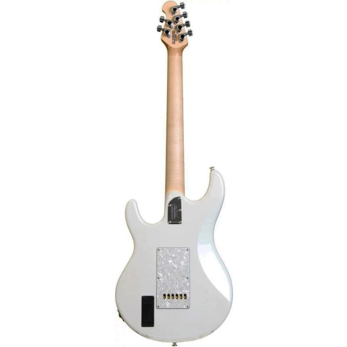 Rear view of a white Music Man Silhouette Special electric guitar