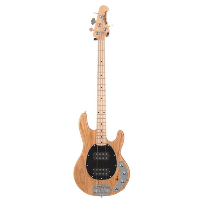 Full body view of Music Man StingRay bass with two humbuckers in a natural finish
