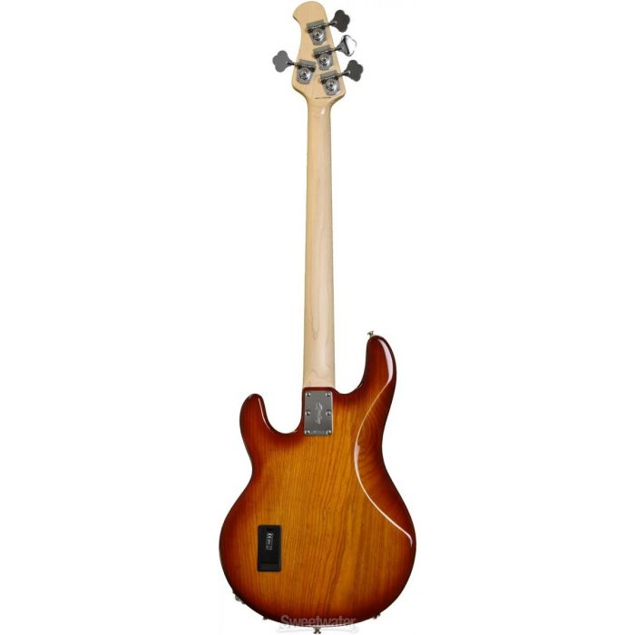 Rear view of the Sterling Ray34 StingRay style bass guitar, in a Honeyburst finish