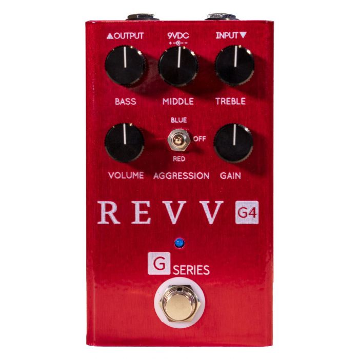 Front view of the Revv G4 distortion pedal for guitar