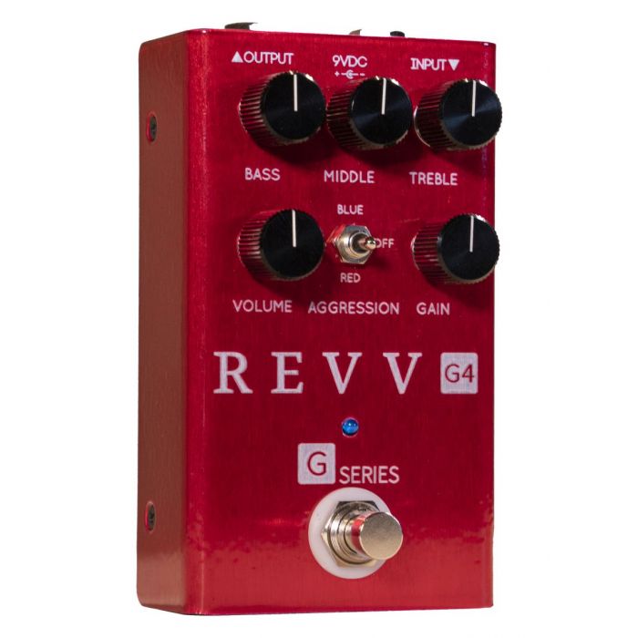 Revv G4 distortion pedal, as seen from a left-side angle