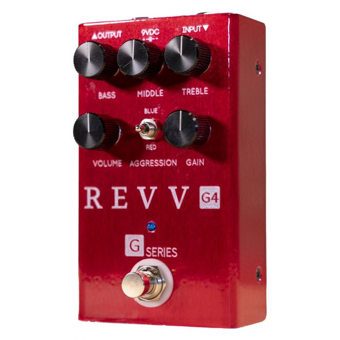 Guitar distortion pedal Revv G4, seen sfrom a right-side angle