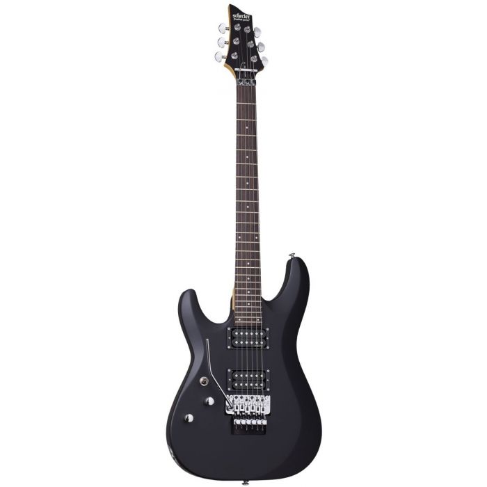 Full frontal view of a left-handed Schecter C-6 FR Deluxe electric guitar with a Satin Black finish