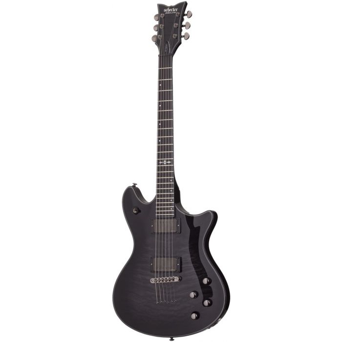 Front view of a Schecter Hellraiser Hybrid Tempest guitar with a Translucent Black Burst finish over a quilted maple top