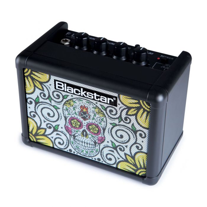 A Photo Showing An Angled View Of The Blackstar Fly 3 Sugar Skull Mini Amp